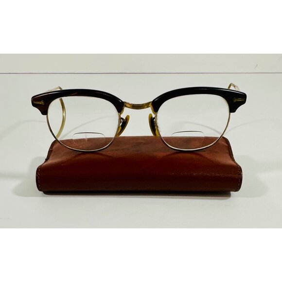 Shuron Vintage Mens Hornrim Glasses Gold Metal Frame Tortoise Trim Leather Case - Picture 9 of 16